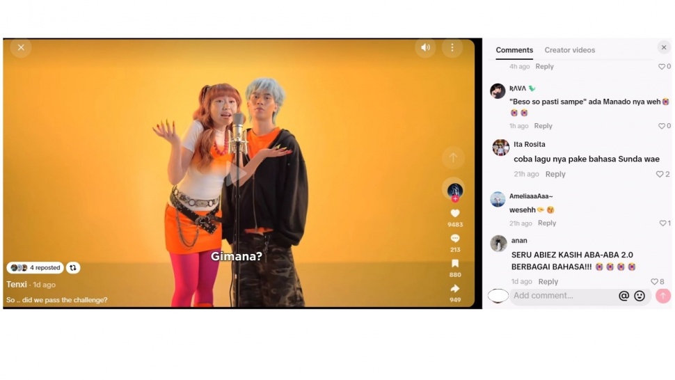 Naykilla dan Tenxi membawakan “Kasih Aba-Aba 2.0” dalam konten karaoke dengan lirik yang diadaptasi ke berbagai bahasa daerah. (Dok. Shopee)