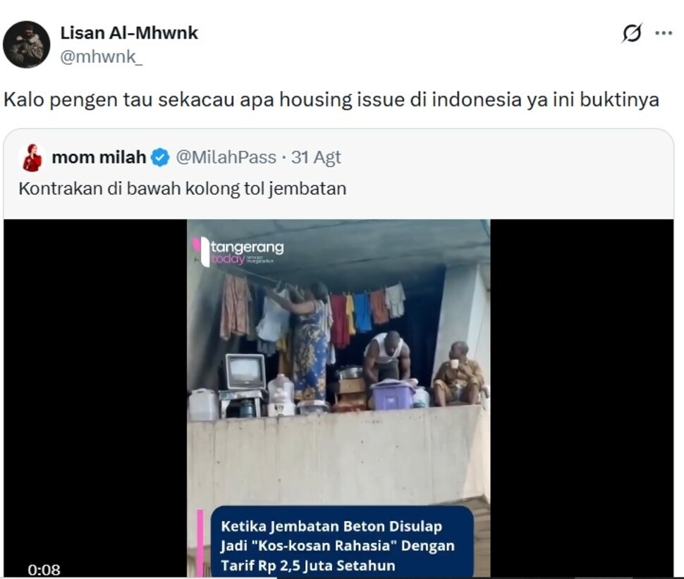 Viral Beton Bawah Tol Disebut Jadi Tempat Tinggal, Benarkah Ada di Indonesia? Cek Faktanya [Tangkap layar X]