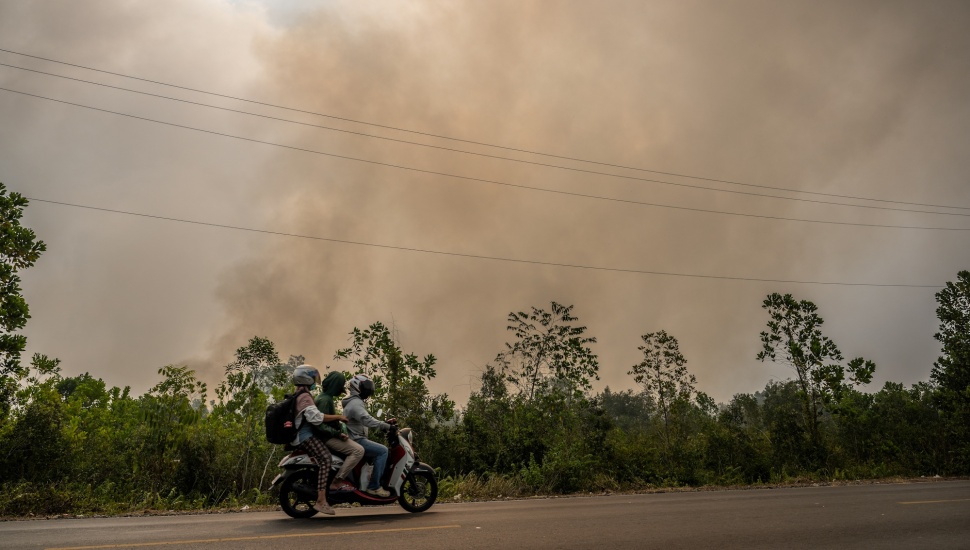 Pengendara sepeda motor melintas di Jalan Gubernur Syarkawi yang tertutup kabut asap akibat kebakaran hutan dan lahan (karhutla) di Kabupaten Banjar, Kalimantan Selatan, Rabu (2/9/2026). [ANTARA FOTO/Bayu Pratama S/nym]