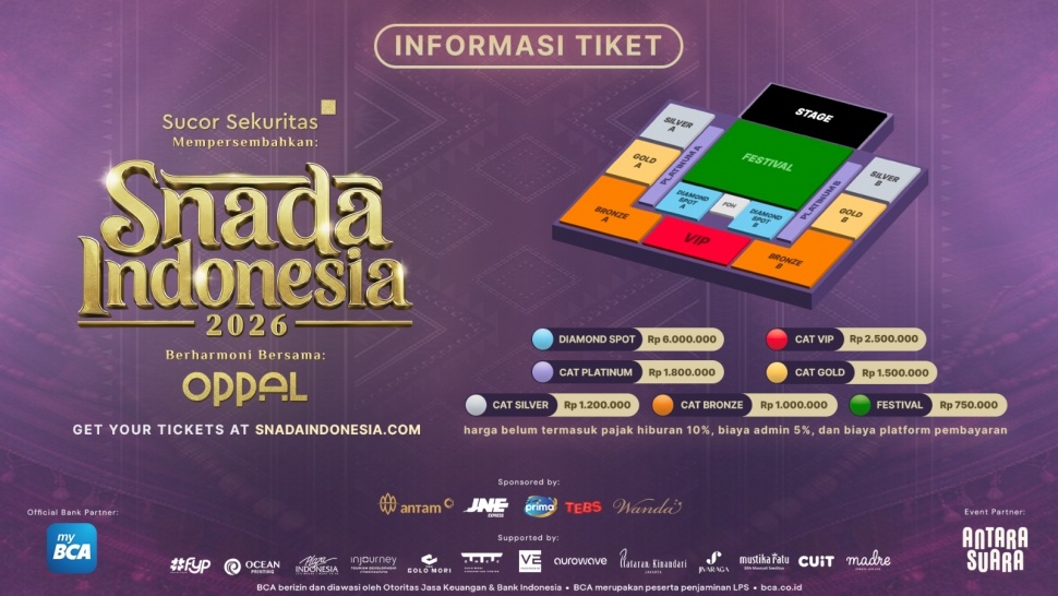 Kategori tiket dan rentang harga untuk pertunjukan musik SNADA Indonesia 2026, yang mencakup kategori VIP hingga Festival. Acara akan digelar di Istora Senayan, Jakarta, pada 10 Oktober 2026 mendatang. (Dok. SNADA Indonesia)