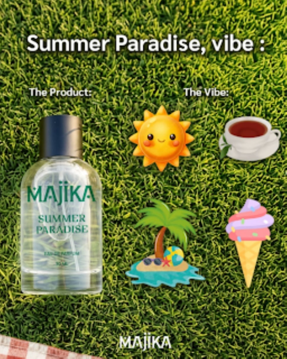 MAJIKA Summer Paradise menghadirkan aroma unisex yang playful dengan perpaduan Sour Cherry, Berry, Licorice, Rose, Vanilla, dan Patchouli. (Dok. Majika)