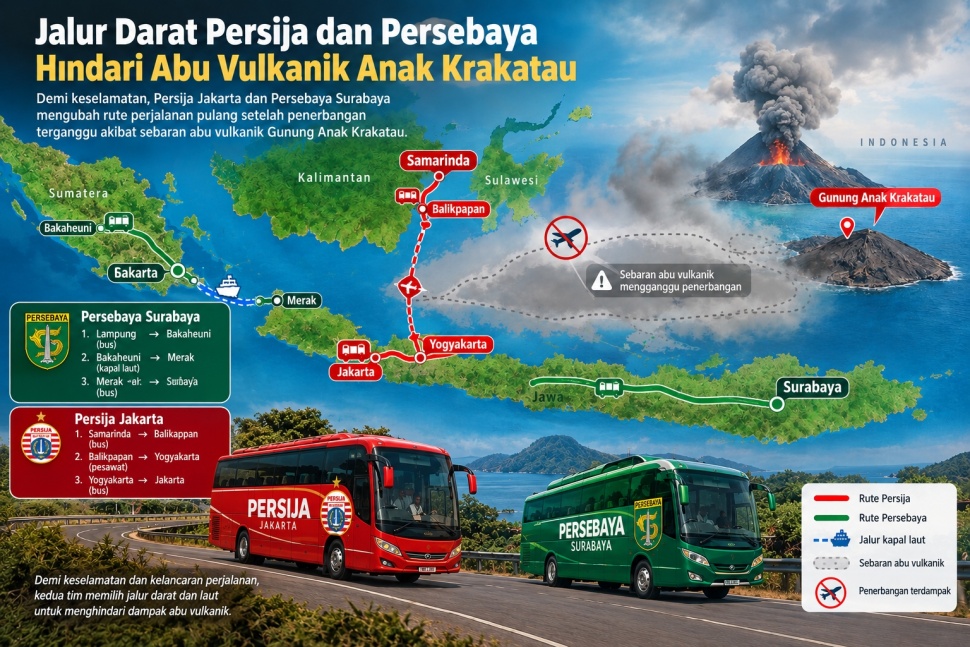 Peta Jalur Darat Persija dan Persebaya Hindari Dampak Abu Vulkanik Anak Krakatau [Suara.com/ai]