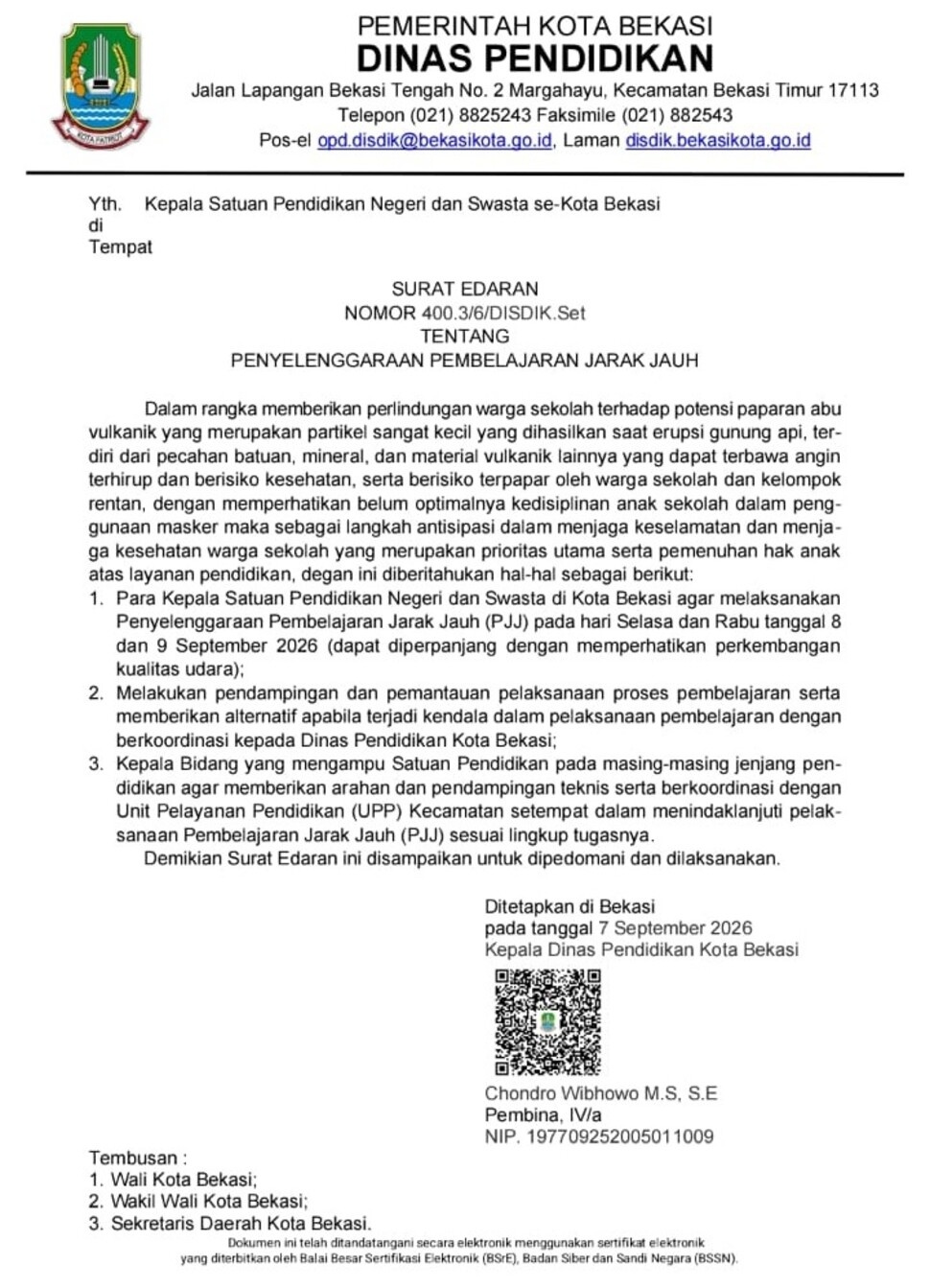 Sekolah di Bekasi Terapkan PJJ 8-9 September 2026, Waspada Abu Vulkanik [Istimewa]