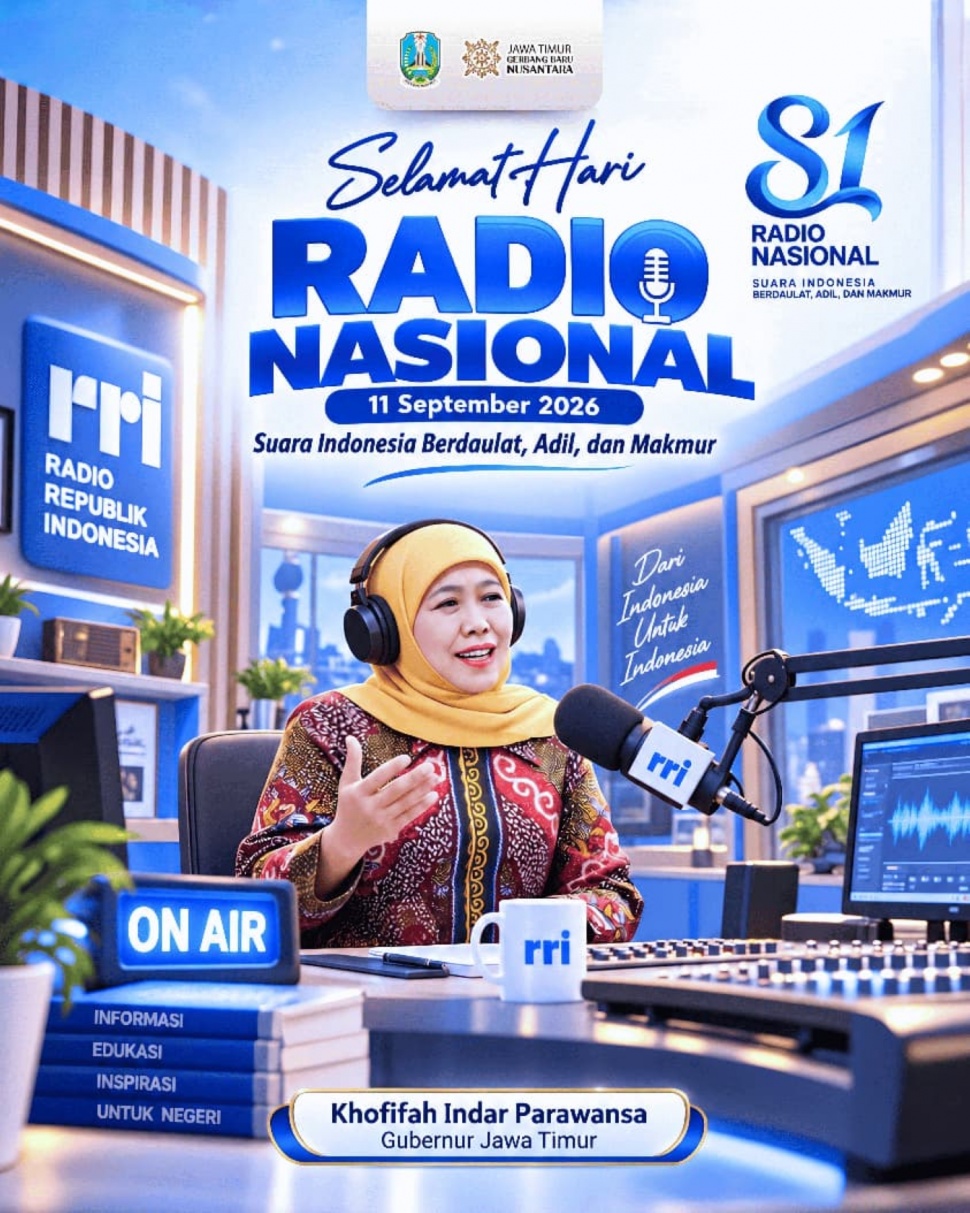 Gubernur Khofifah menyampaikan pesannya pada peringatan Hari Radio Nasional sekaligus Hari Ulang Tahun (HUT) ke-81 Radio Republik Indonesia (RRI) yang tahun ini mengusung tema &ldquo;Suara Indonesia Berdaulat, Adil, dan Makmur&rdquo; di Surabaya, Jumat (11/9/2026). (Dok. Pemprov Jatim)