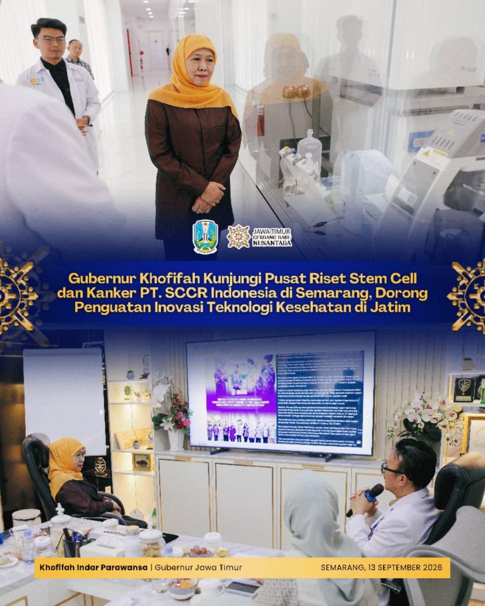 Gubernur Jawa Timur Khofifah Indar Parawansa saat mengunjungi pusat riset PT Stem Cell and Cancer Research Indonesia (SCCR Indonesia) di Semarang, Minggu (13/9/2026). (Dok. Pemprov Jatim)
