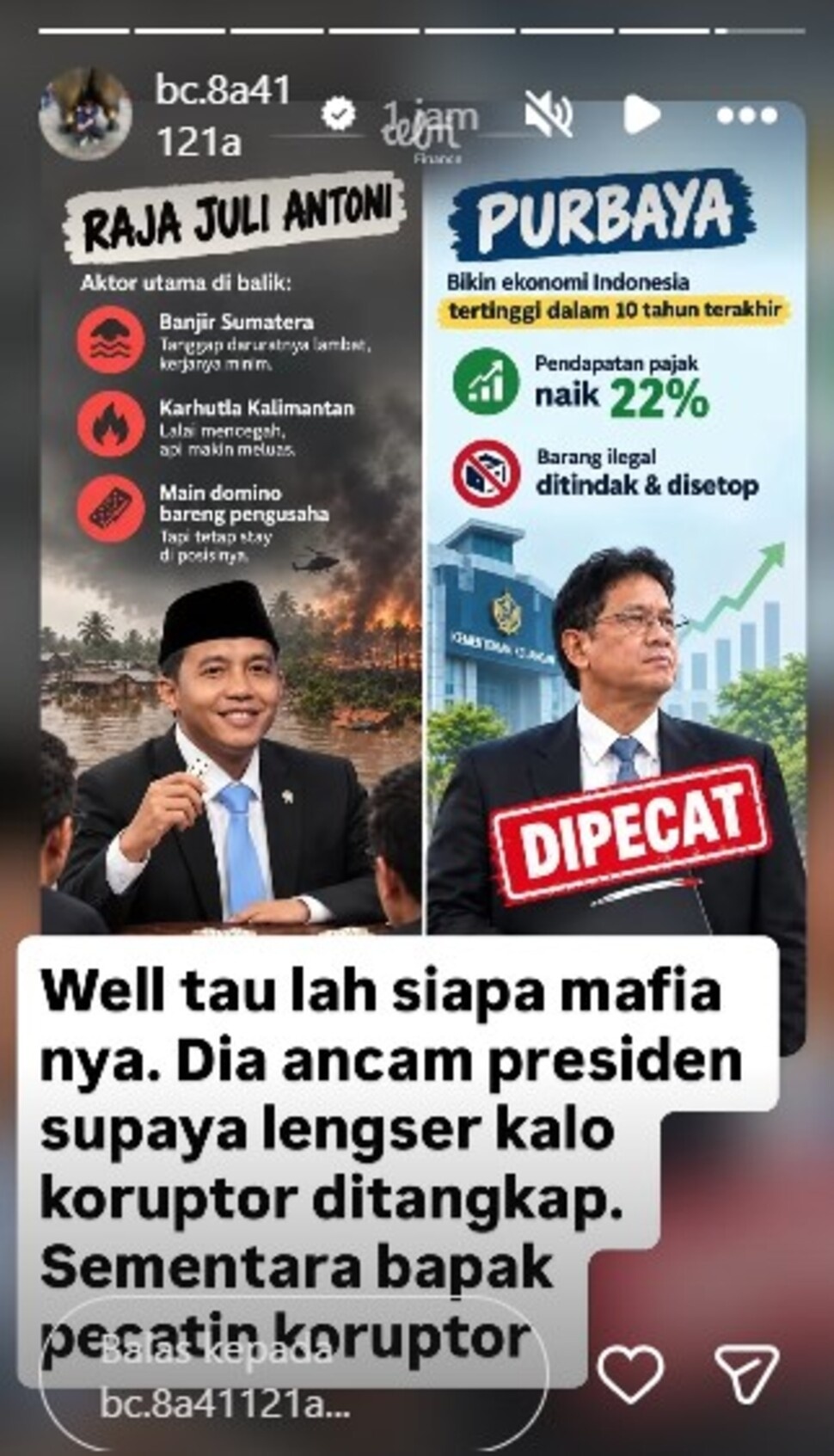 Anak mantan Menteri Keuangan Purbaya Yudhi Sadewa, Yudo Achilles Sadewa, kembali menjadi sorotan setelah mengunggah pernyataan keras di akun Instagram miliknya. [Instagram Yudo]