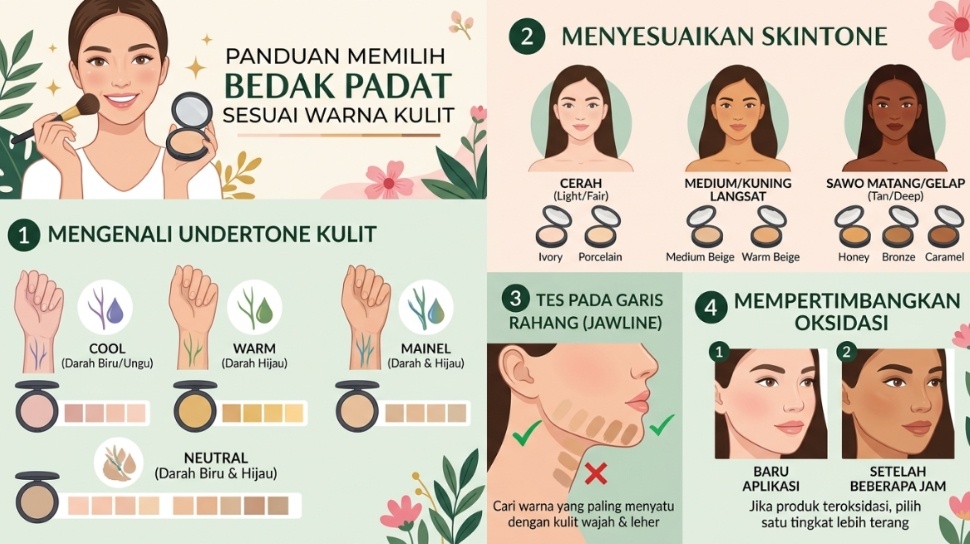 Cara memilih bedak padat sesuai warna kulit. (Gemini AI)