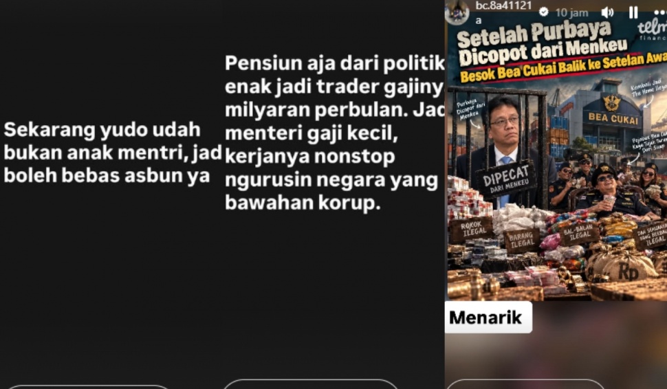 Cuitan anak Purbaya usai ayahnya dicopot sebagai Menkeu. [Instagram]