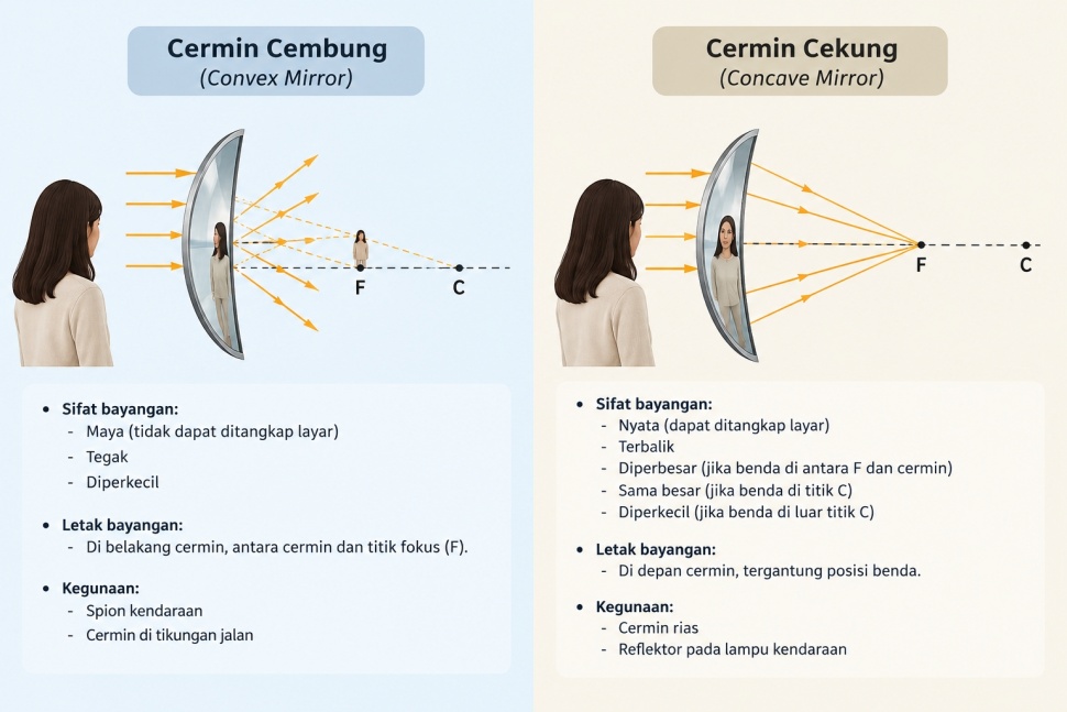 ilustrasi cermin cembung dan cermin cekung (ChatGPT)