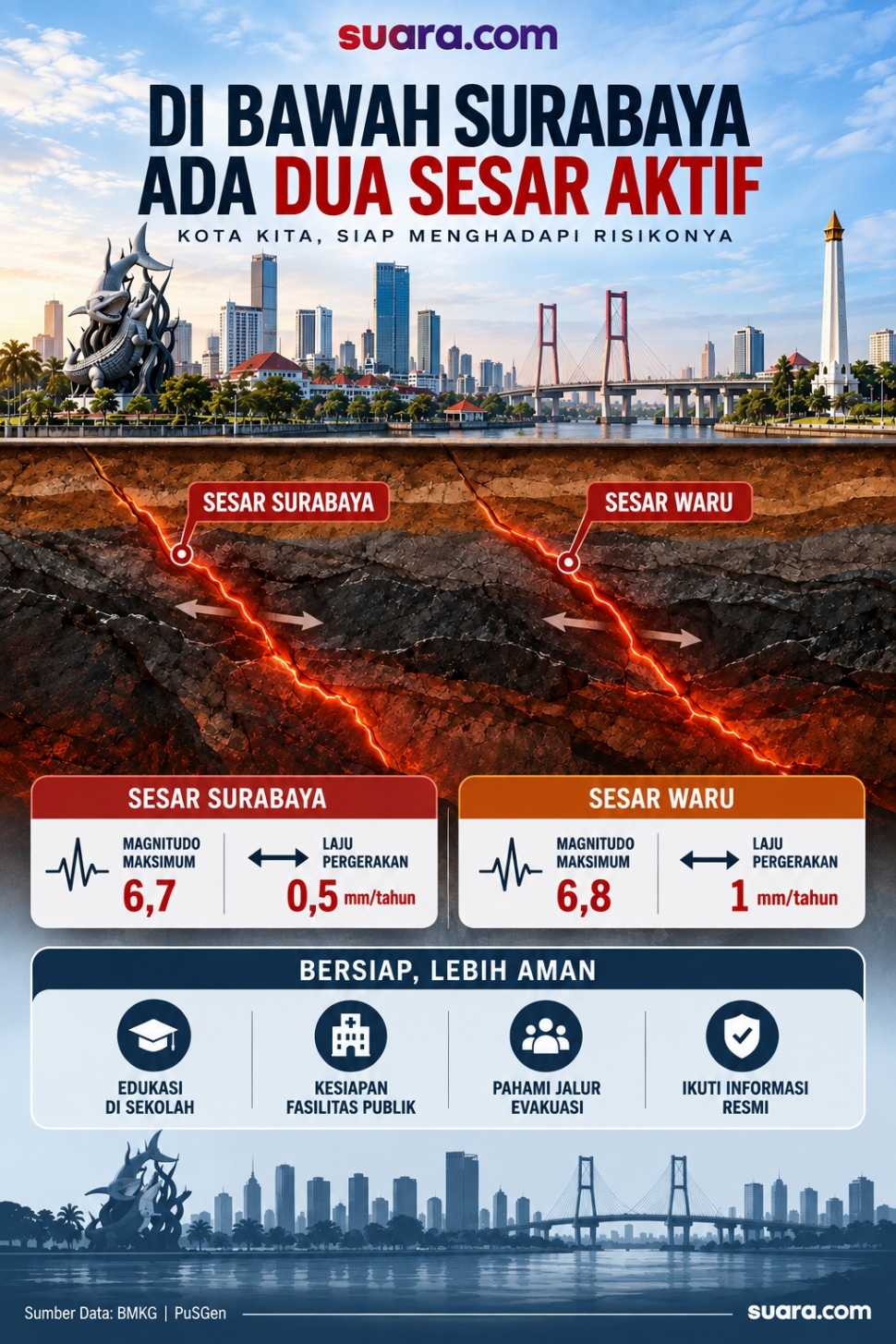 Infografis dua sesar di Surabaya. [Dok Suara.com/AI]