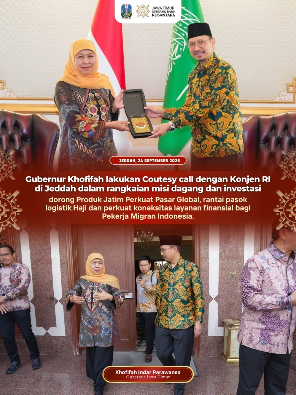 Gubernur Jatim, Khofifah Indar Parawansa courtesy call dengan Konsul Jenderal RI di Jeddah, Sugiri Suparwan, Arab Saudi, Kamis (24/9/2026).(Dok: Pemprov Jatim)