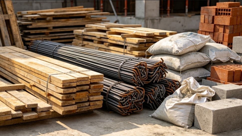 Bahan konstruksi mentah mulai dari papan kayu, tumpukan besi beton, karung semen, hingga batu bata. (Dok. Ist)