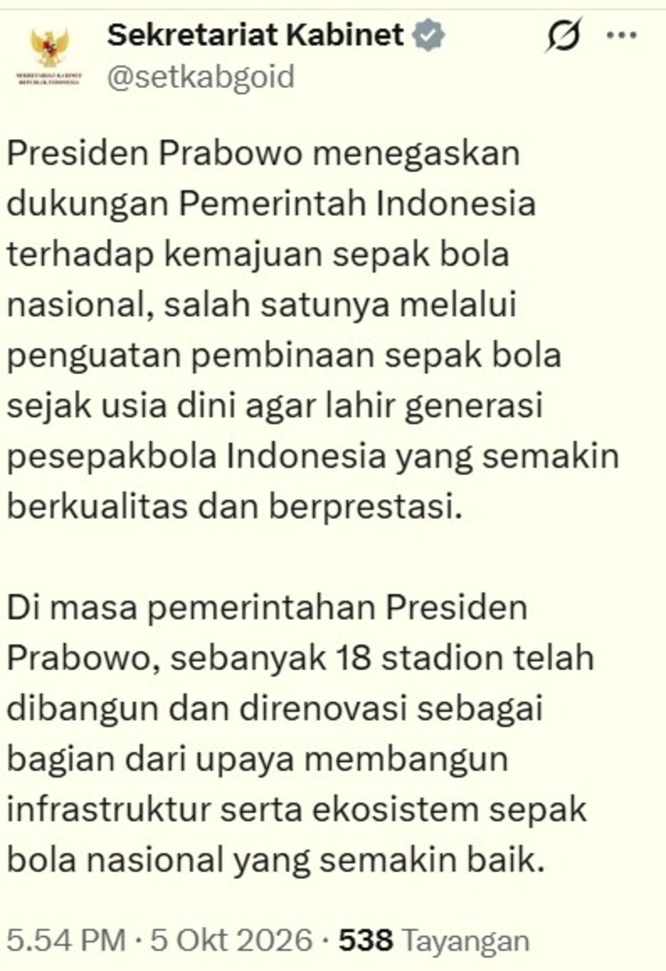 Seskab Klaim 18 Stadion Dibangun dan Direnovasi di Pemerintahan Prabowo, Benarkah? Cek Faktanya [Tangkap layar X]