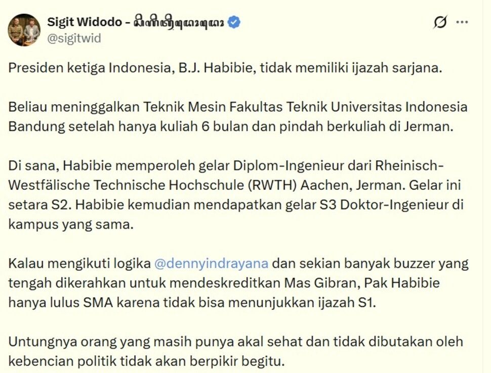 Nama Presiden ke-3 Republik Indonesia, B.J. Habibie, ikut diseret dalam perdebatan mengenai ijazah dan latar belakang pendidikan Wakil Presiden Gibran Rakabuming Raka. [Tangkap layar X]