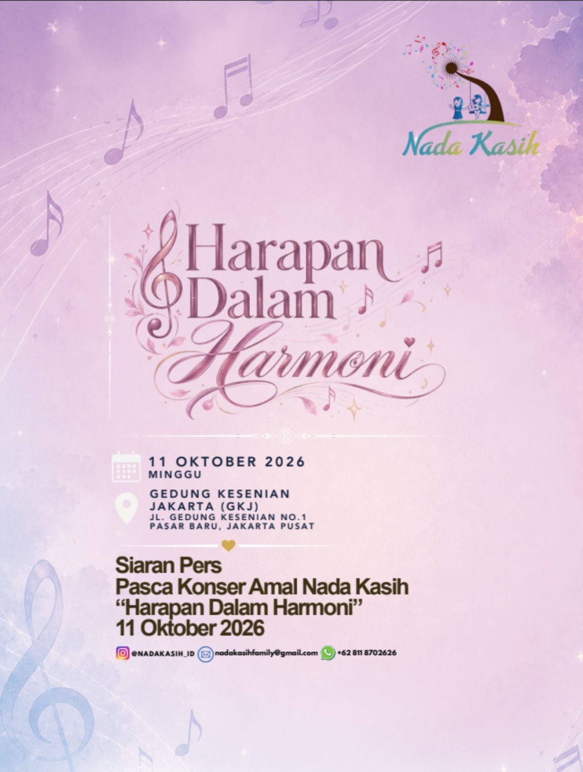 Nada Kasih menggelar konser amal bertajuk "Harapan dalam Harmoni" di Gedung Kesenian Jakarta, Minggu (11/10/2026). (Dok. Nada Kasih)