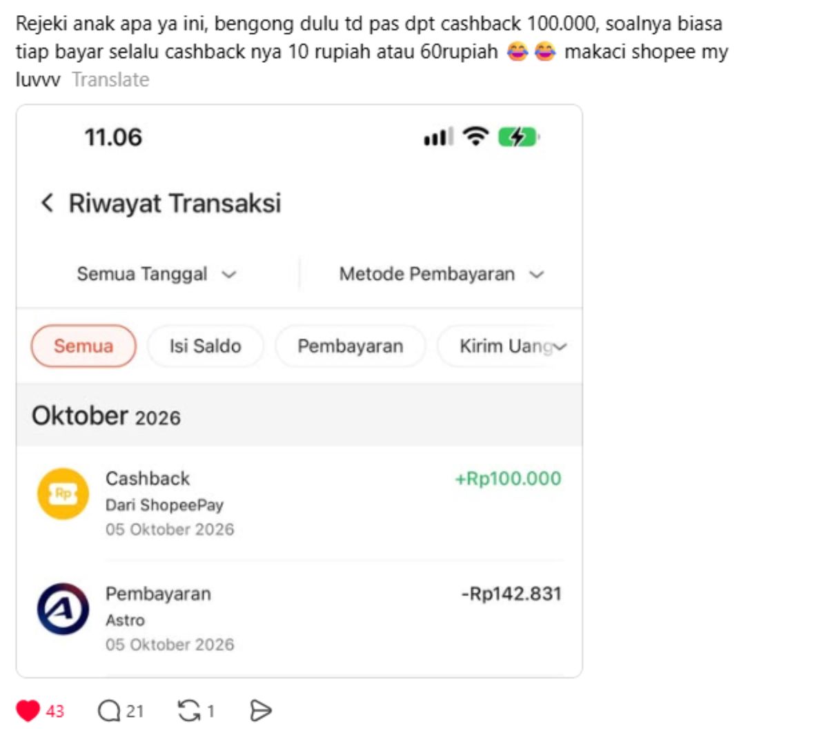 Pengguna membagikan pengalamannya setelah mendapatkan Cashback Saldo ShopeePay Rp100.000 dari transaksi QRIS. (Dok: ShopeePay)