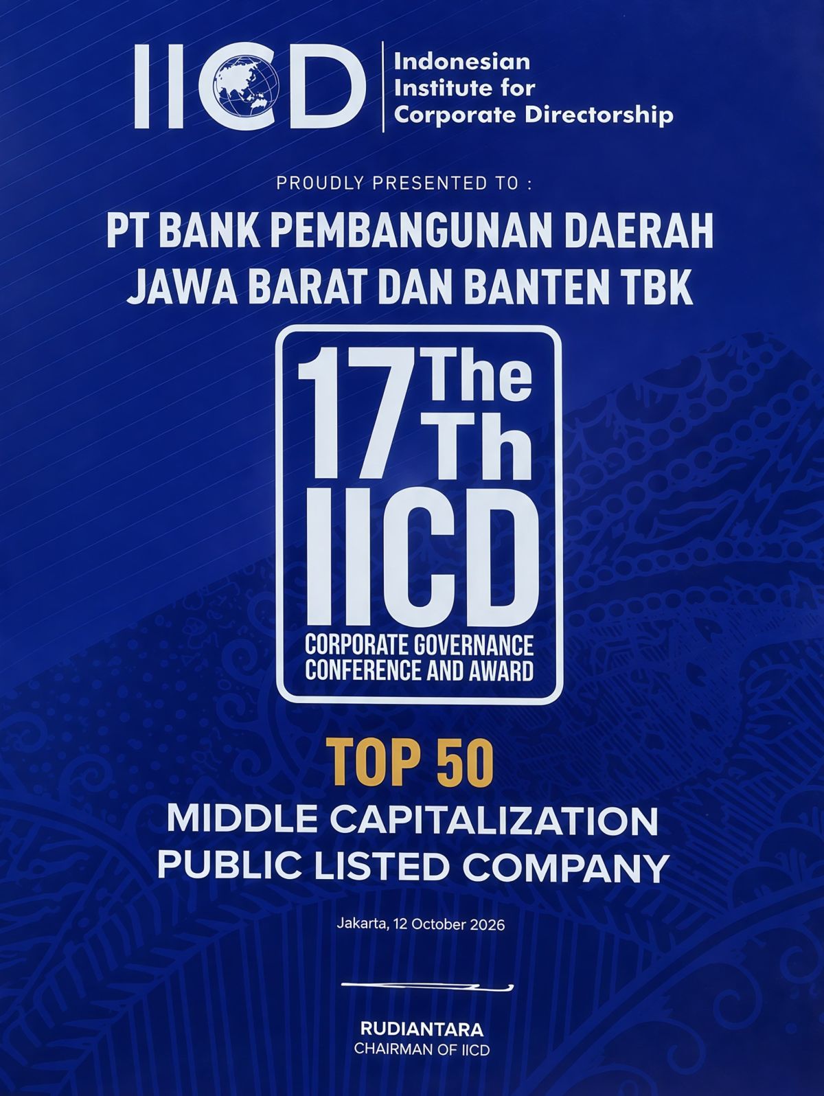 bank bjb berhasil meraih pengakuan Top 50 Emiten MidCap dalam IICD CG Award 2026. (Dok: bank bjb)