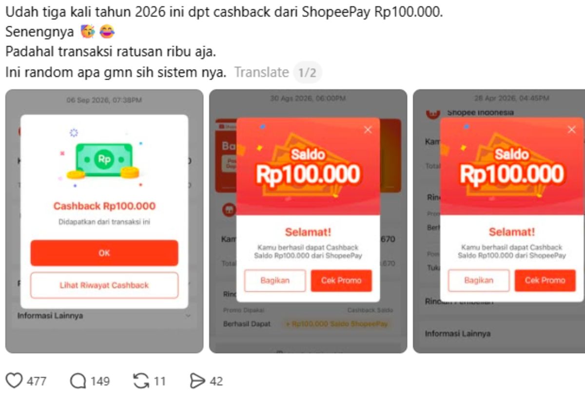 Reaksi pengguna setelah mendapatkan Cashback Saldo ShopeePay dari transaksi melalui aplikasi ShopeePay. (Dok: ShopeePay)