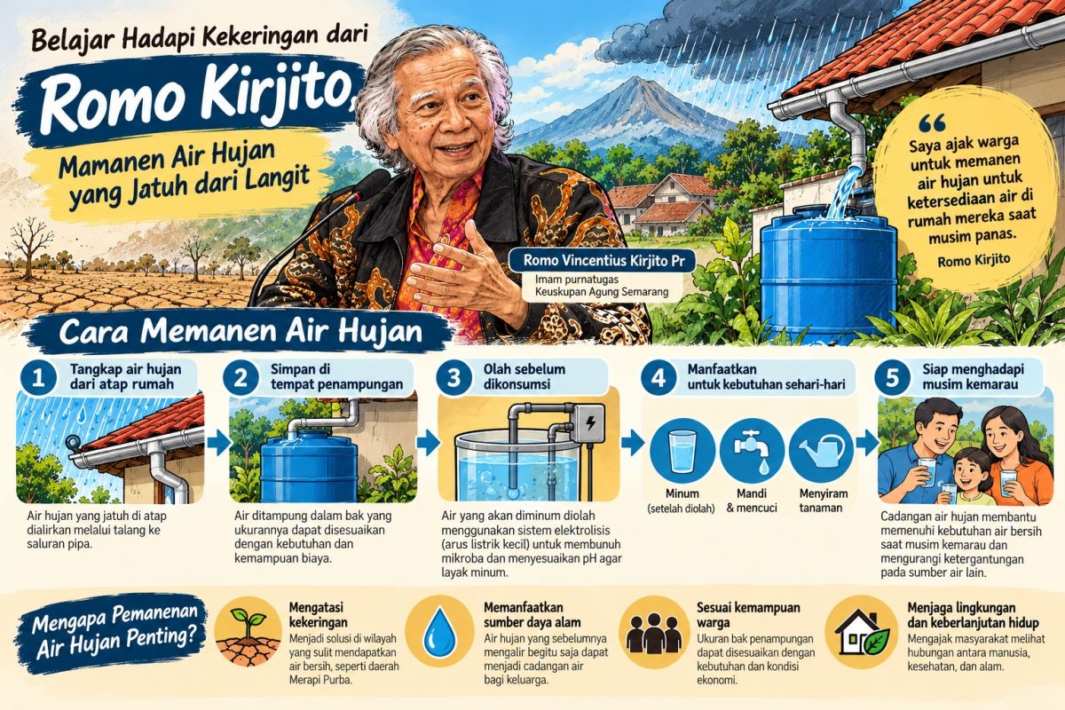 Ilustrasi Romo Vincentius Kirjito Pr yang menjelaskan memanen air hujan sebagai solusi menghadapi musim kemarau. [Foto Putu/Ilustrasi Dok Suara.com/AI]