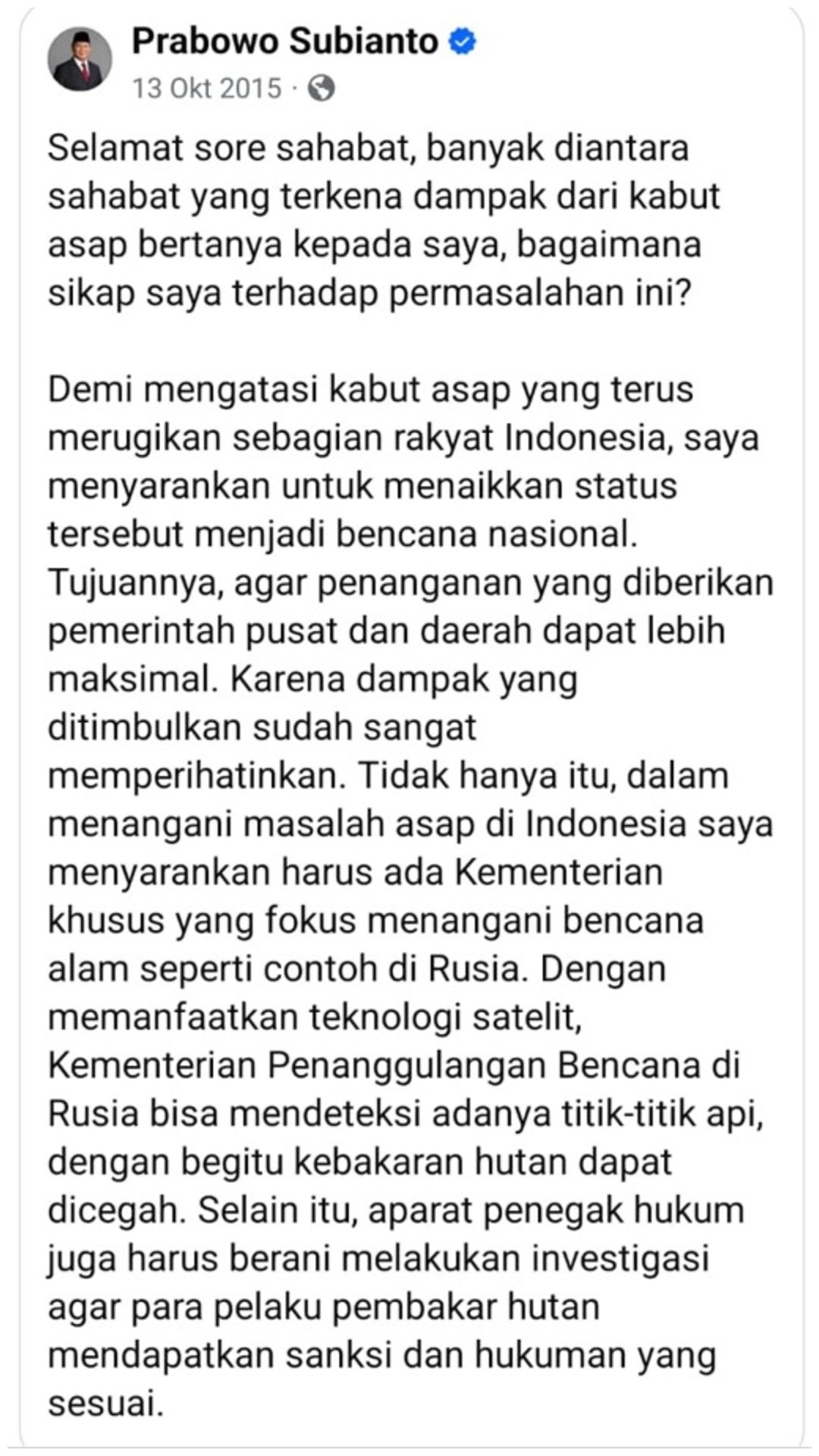 Hasil bidik layar pernyataan Prabowo Subianto tentang kebakaran hutan dan lahan tahun 2015.