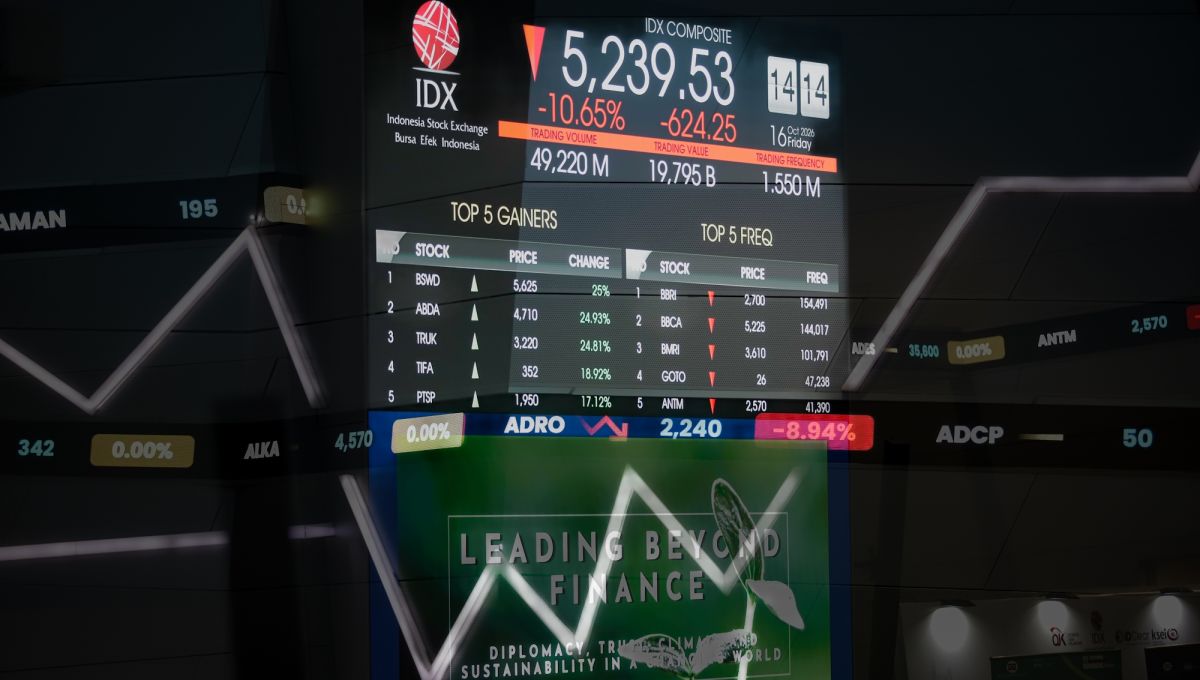 Penampakan layar pergerakan Indeks Harga Saham Gabungan (IHSG) di Bursa Efek Indonesia, Jakarta, Jumat (16/10/2026). [Suara.com/Alfian Winanto]