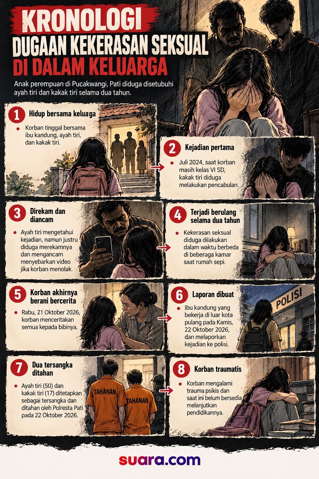 Infografis pelecehan seksual terhadap anak perempuan oleh ayah tiri dan kakak tiri di Kabupaten Pati. [Suara.com/AI]