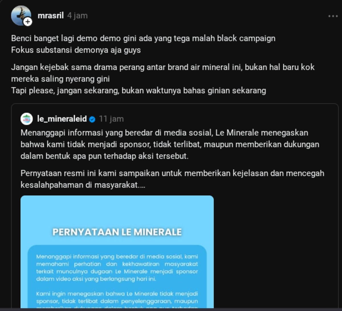Le Minerale membantah tuduhan menjadi sponsor aksi unjuk rasa di Bundaran HI Jakarta. (Threads)