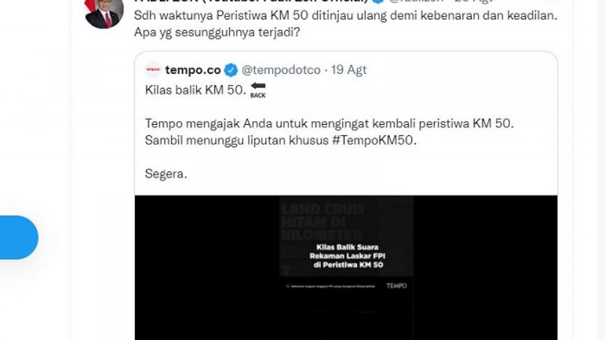 Tangkap layar cuitan Anggota DPR Fadli Zon. [twitter.com @fadlizon]