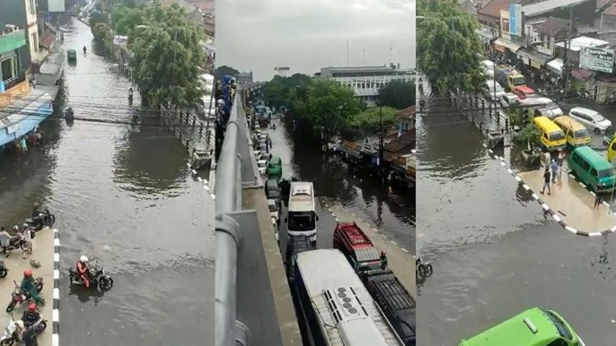 Banjir Terminal Leuwipanjang, Kota Bandung. Begini penampakan kemacetan parah akibat air meluap. [twitter.com/umadladsss]