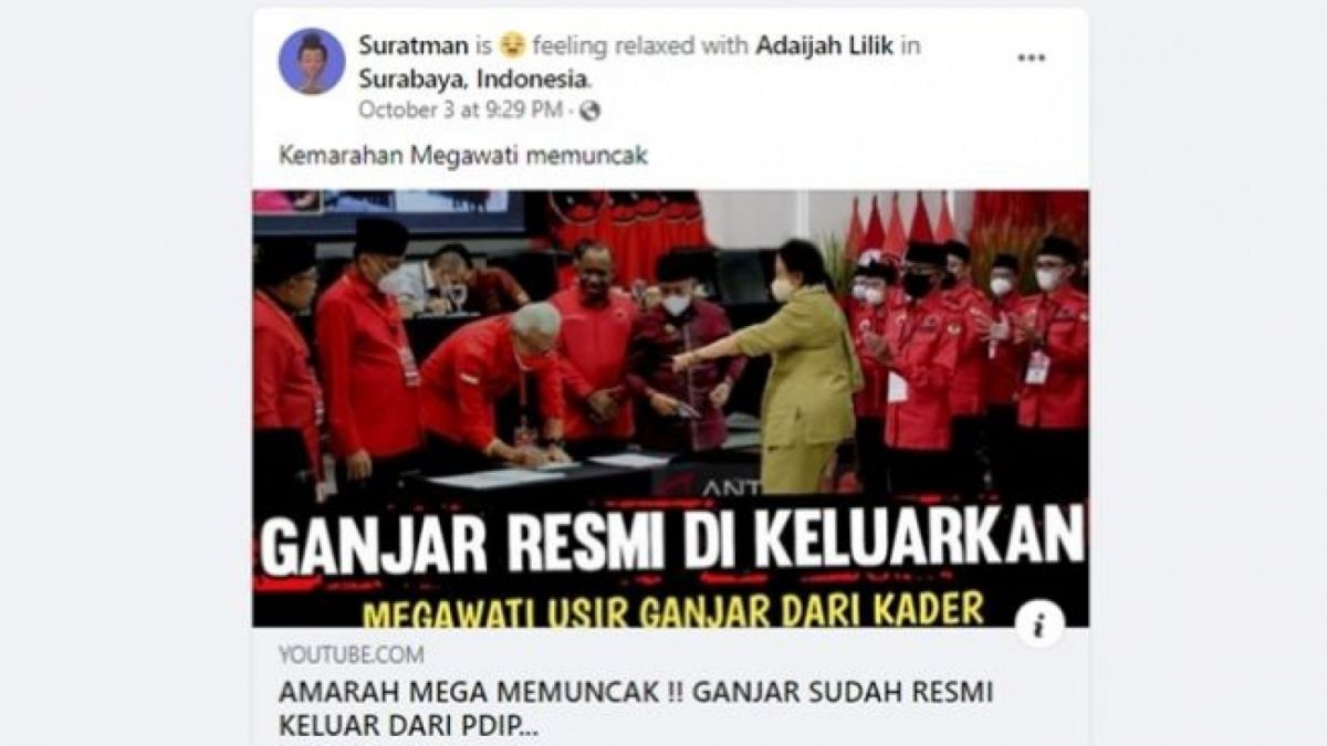 KONTEN hoaks Ketum PDIP, Megawati pecat Ganjar Pranowo. [Facebook/Suratman]