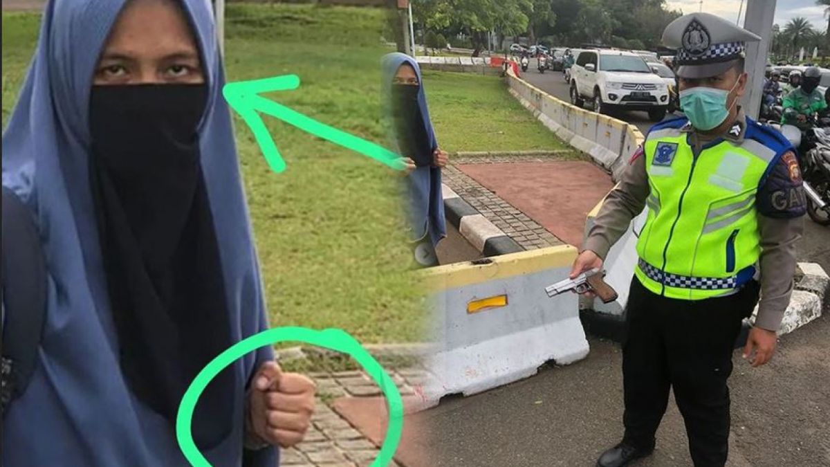 Kolase foto wanita bersadar pembawa senjata api di depan Istana Presiden dan anggota polisi yang mengamankan pistol wanita bercadar tanpa menggunakan sarung tangan. [instagram.com/lovers_polri]