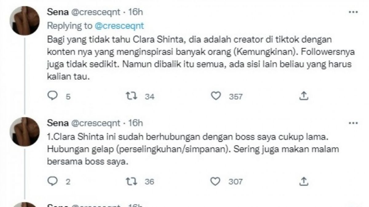 Thread soal Clara Shinta [Twitter/@cresceqnt] [Twitter/@cresceqnt]