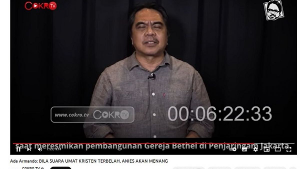 Ade Armande menarasikan suara umat Kristen terbelah maka Anies Baswedan jadi Presiden 2024. [Youtube Cokro TV]