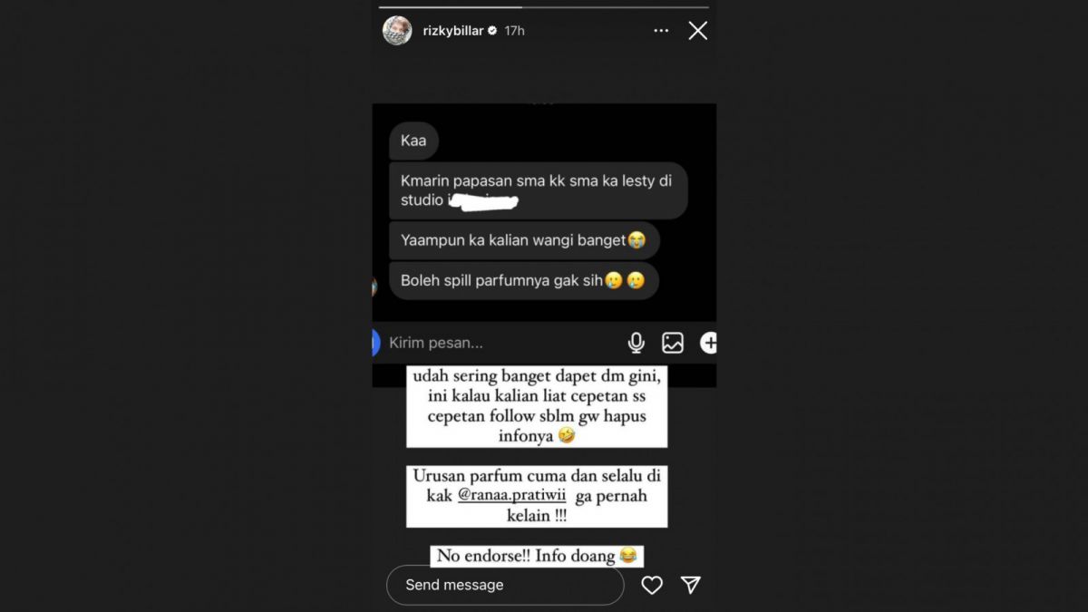 InstaStory Rizky Billar terkait DM dari netizen. [Instagram @rizkybillar]