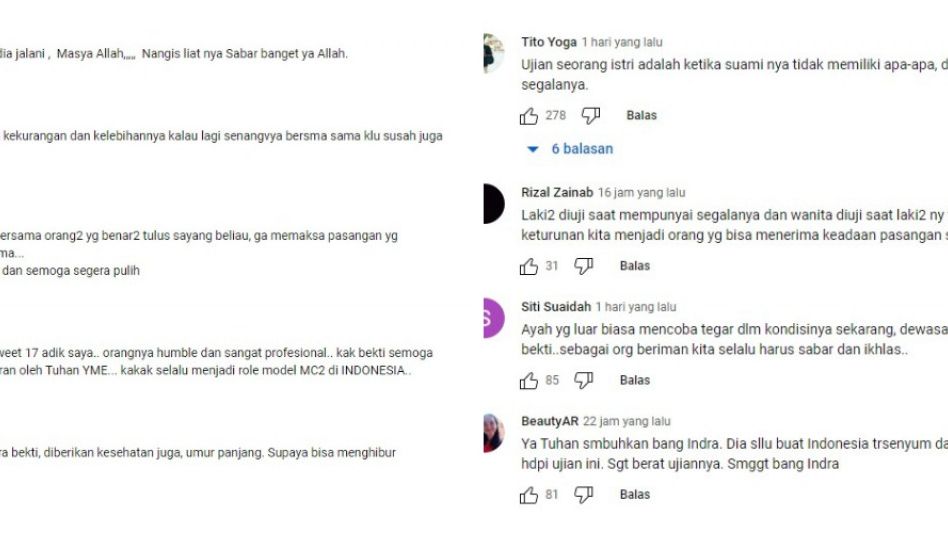 Tangkapan layar kolom komentar netizen yang bersimpati pada Indra Bekti. [Youtube Trans TV Official]