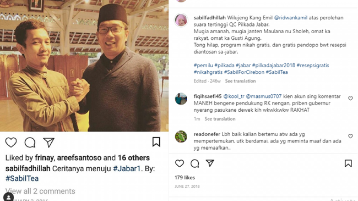 Sabil Fadhillah saat mengucapkan selamat kepada Gubernur Jawa Barat, Ridwan Kamil melalui akun Instagramnya. [Instagram @sabilfadhillah]