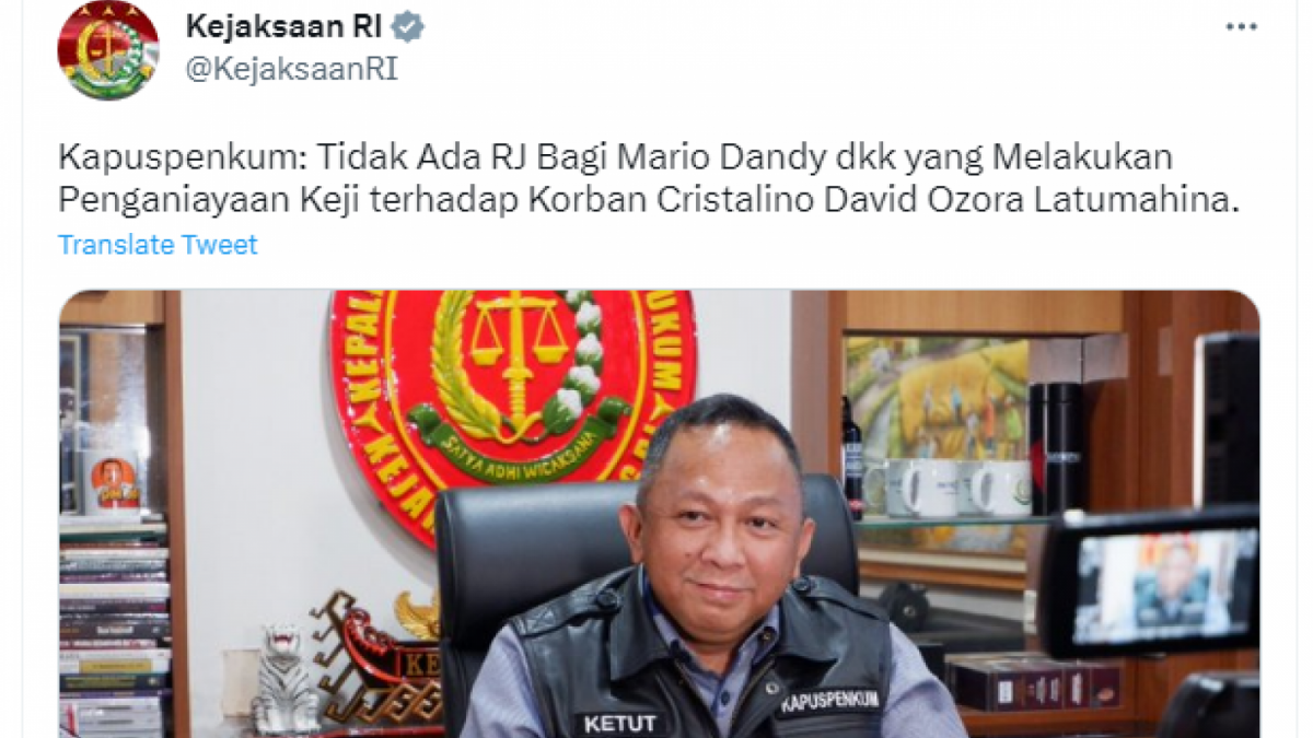 Pernyataan resmi dari Kejaksaan RI mengenai restorative justice untuk Mario Dandy [Tangkapan layar Twitter/ @KejaksaanRI]