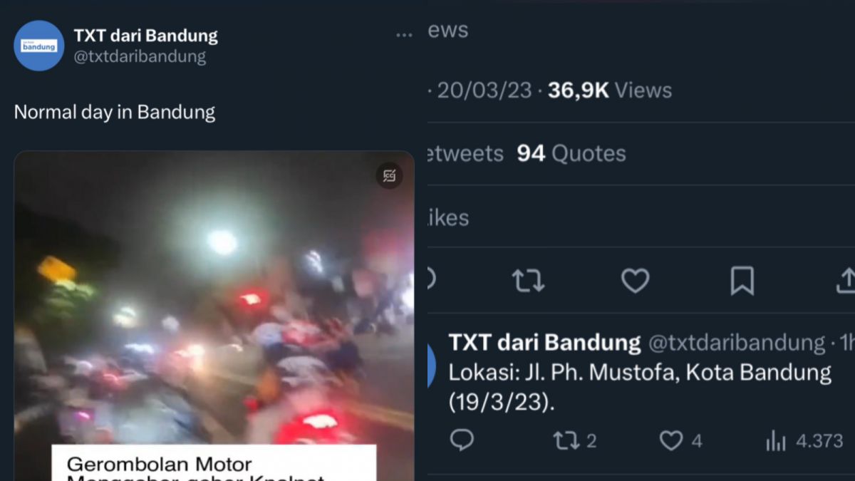 Unggahan terkait segerombolan pemotor ugal-ugalan di Bandung. [Twitter @txtdaribandung]