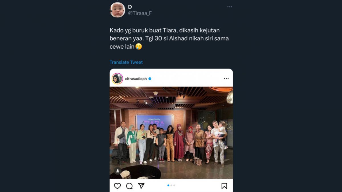Postingan Citra Sadiqah, kakak Alshad Ahmad saat berikan kejutan ulang tahun untuk Tiara Andini, jadi sorotan netizen. [Twitter @Tiraaa_F]