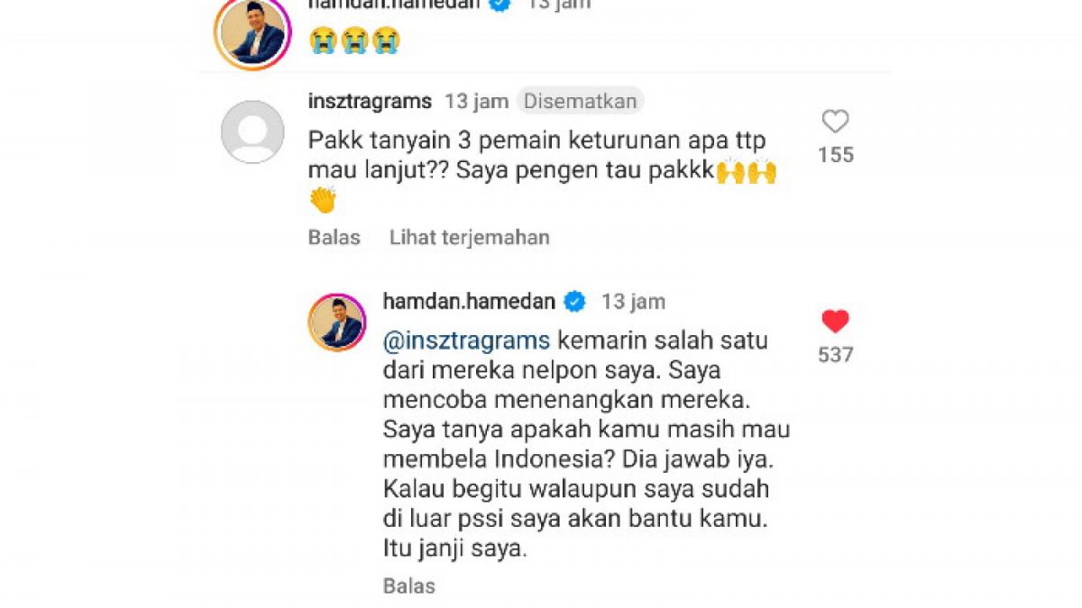 Hamdan Hamedan menjawab terkait kelanjutan calon pemain keturunan yang hendak dinaturalisasi. [Instagram/@hamdan.hamedan]