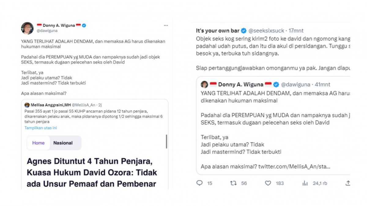 Jonathan Latumahina memberikan peringatan kepada warganet ini yang menyebut AG adalah objek seksual dalam kasus penganiayaan terhadap David Ozora. [Twitter @MellisA_An @dawiguna @seeksixsuck]