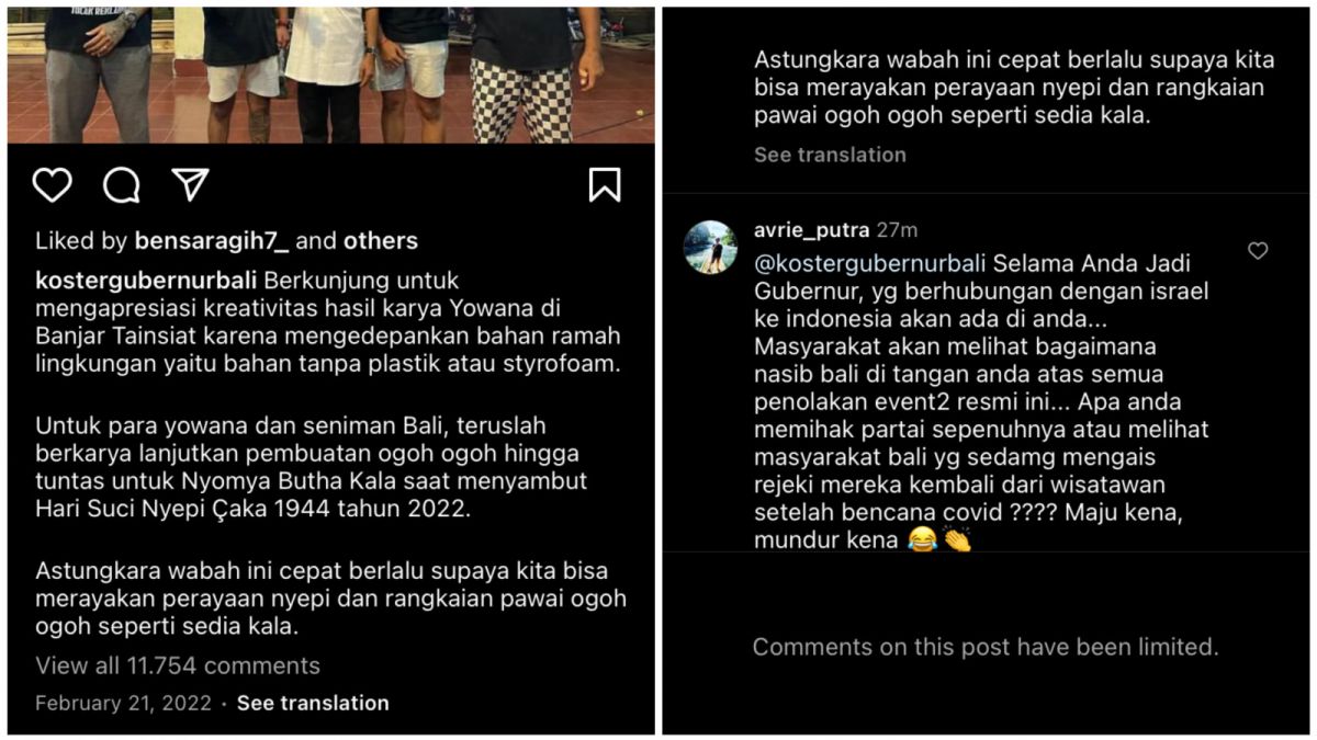 Sosial media I Wayan Koster penuh dengan komentar warganet, meski kolom komentarnya telah dibatasi. [Instagram @kostergubernurbali]