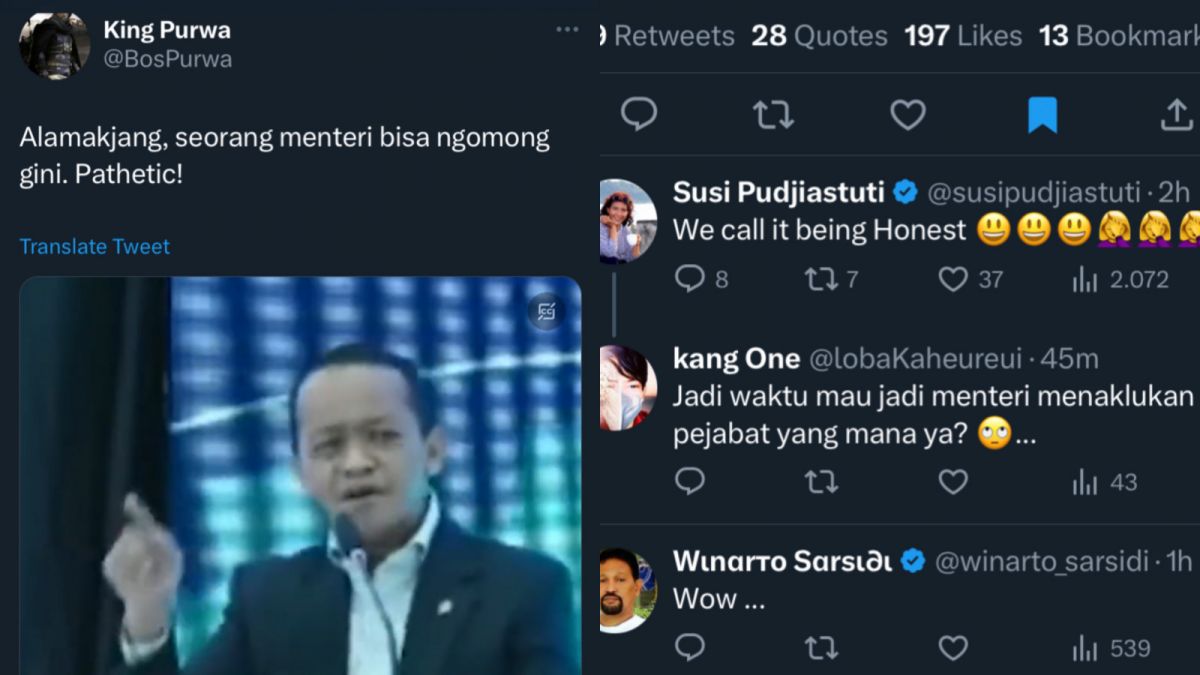 Komentar Susi Pudjiastuti dalam video yang menampilkan pernyataan kontroversial Menteri Investasi, Bahlil Lahadalia. [Twitter @BosPurwa]