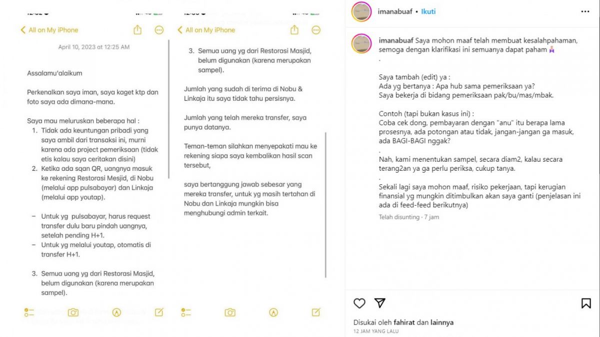 KLARIFIKASI Iman, tersangka penipu barcode QRIS di kotak amal masjid. [Instagram @imanabuaf]