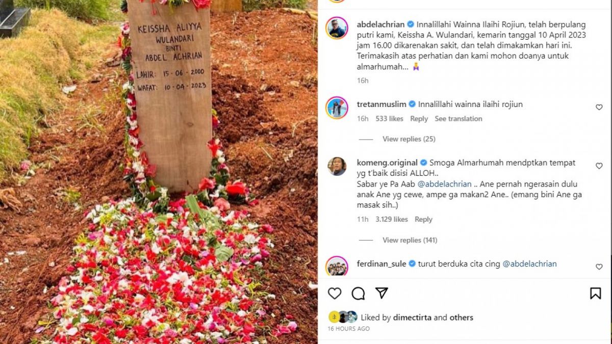 Komentar Komeng di postingan duka Abdel mendapatkan kritikan dari warganet. [Instagram @abdelachrian]