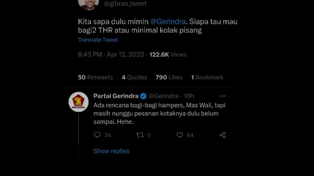 Admin Gerindra menjawab Gibran. [Tangkap Layar Twitter @gibran_tweet]