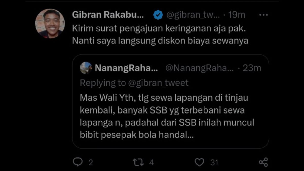 Gibran siap kasih diskon sewa lapangan bagi SSB kurang mampu. [Twitter/gibran_tweet]