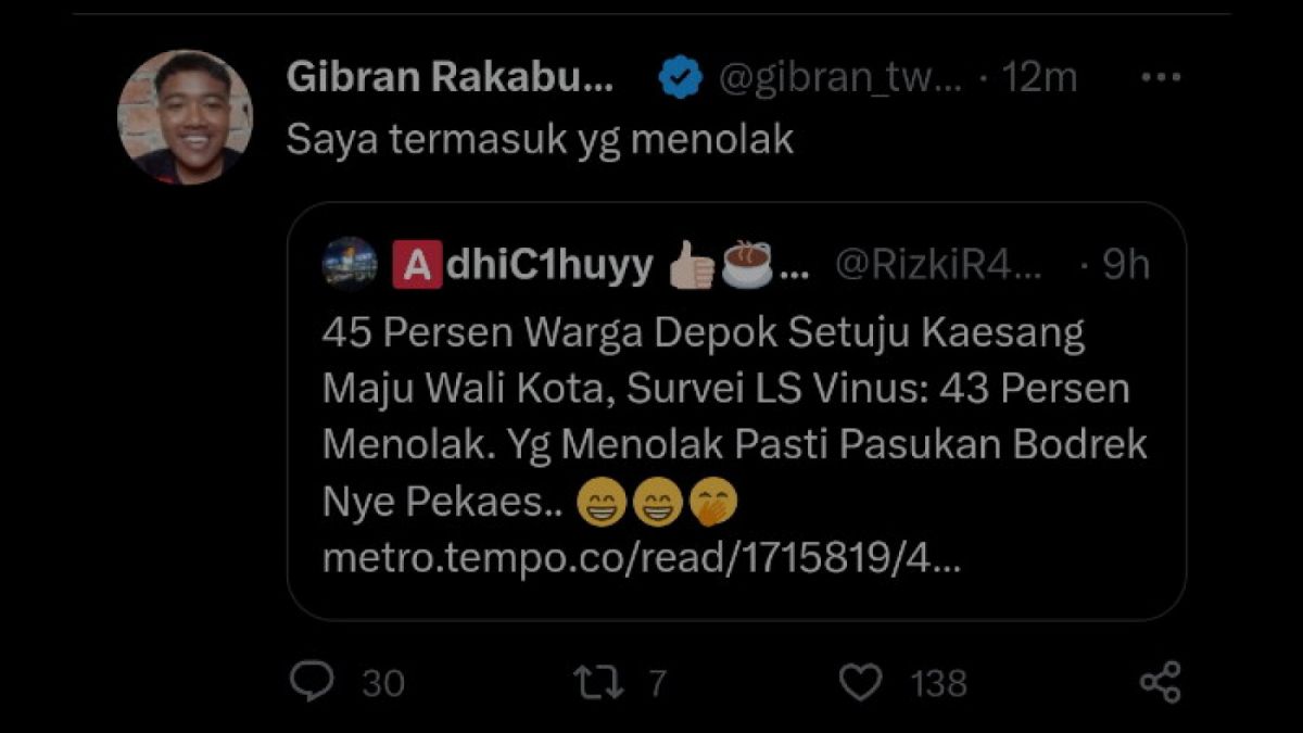 Gibran mengomentari cuitan warganet tentang Kaesang jadi Walikota Depok. [Twitter/gibran_tweet]