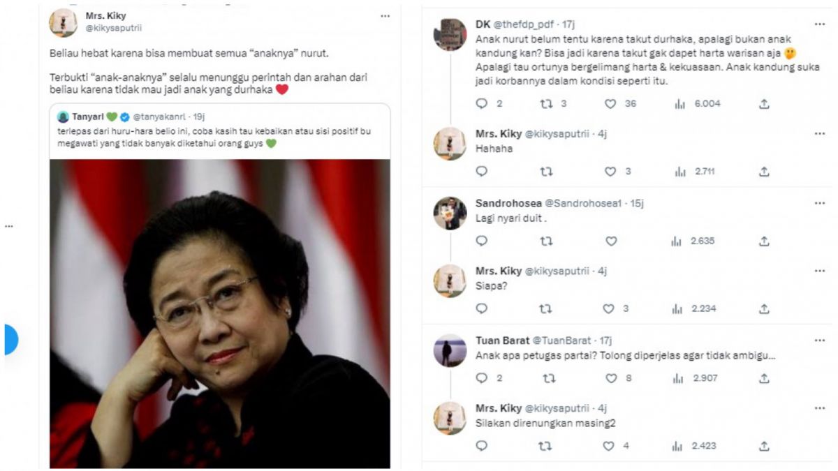 Cuitan Kiky Saputri menanggapi pertanyaan terkait sisi positif dari Megawati. [Twitter @tanyakanrl @kikysaputrii]