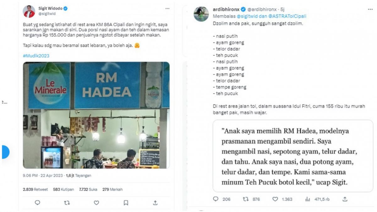 Tangkapan layar cerita awal Jubir PSI digetok harga tak wajar oleh RM Hadea (kiri) dan analisa dari netizen setelah beritanya diunggah oleh salah satu media massa (kanan). [Twitter @sigitwid @ardibhironx]